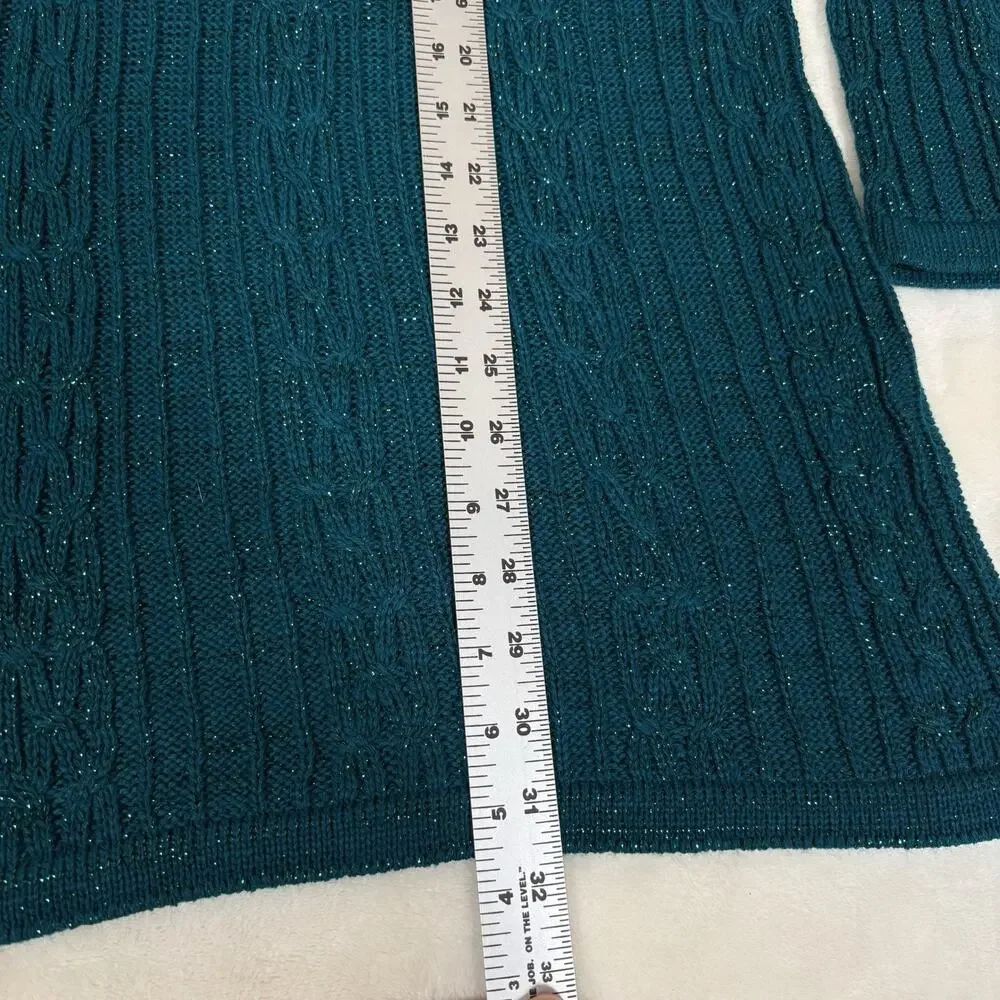 Vintage Diane Von Furstenburg Teal Green Metallic Cable Knit Sweater Womens 1X2\